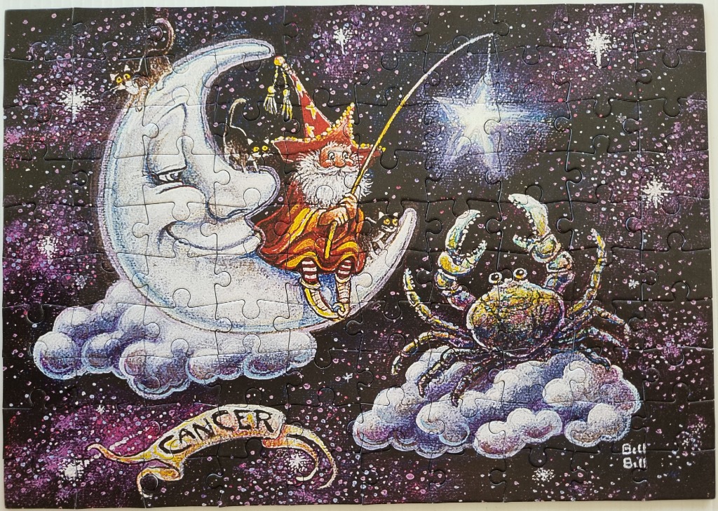 Whimsical illustration of a wizard sitting on a crescent moon fishing for stars, representing the Cancer zodiac sign.