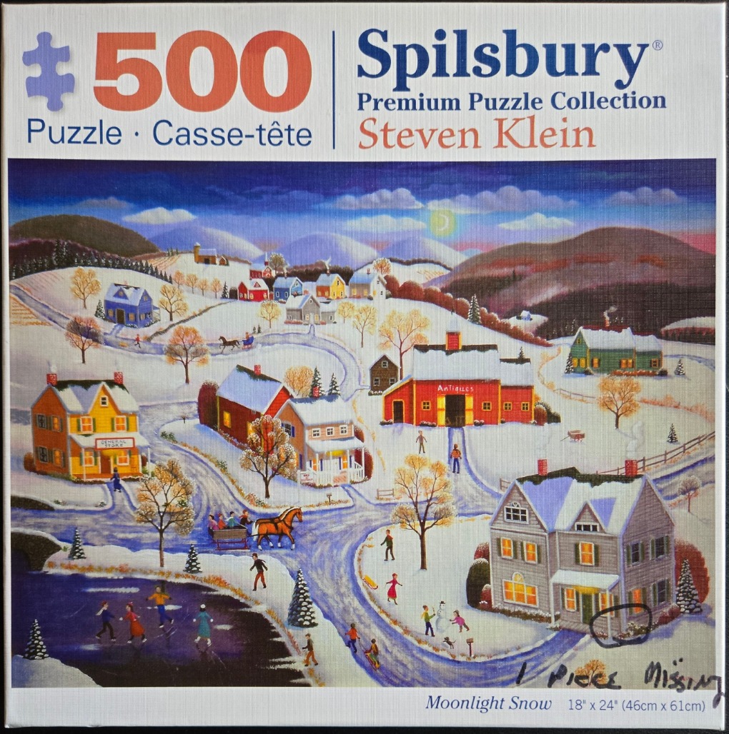 A folk-art style winter village scene featuring a snowy landscape with colorful homes, ice skaters, and a horse-drawn sleigh.
