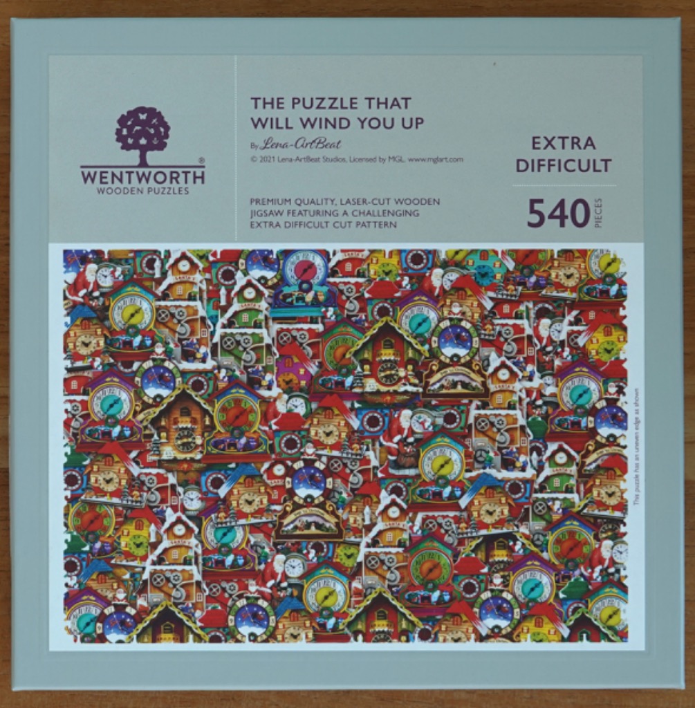A dense, colorful montage of dozens of traditional Christmas-themed cuckoo clocks.
