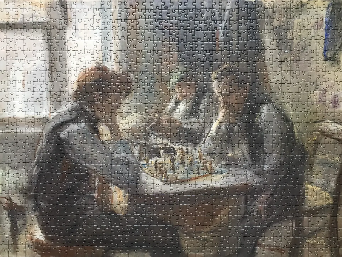 A painting of two men sitting at a table playing chess in a dimly lit, rustic room.