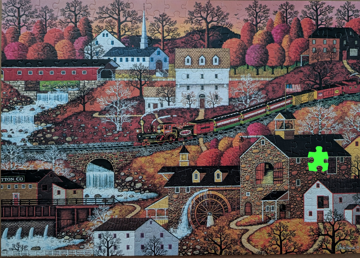 A nostalgic folk art scene featuring a vintage steam train passing through a rural village with watermills in autumn.