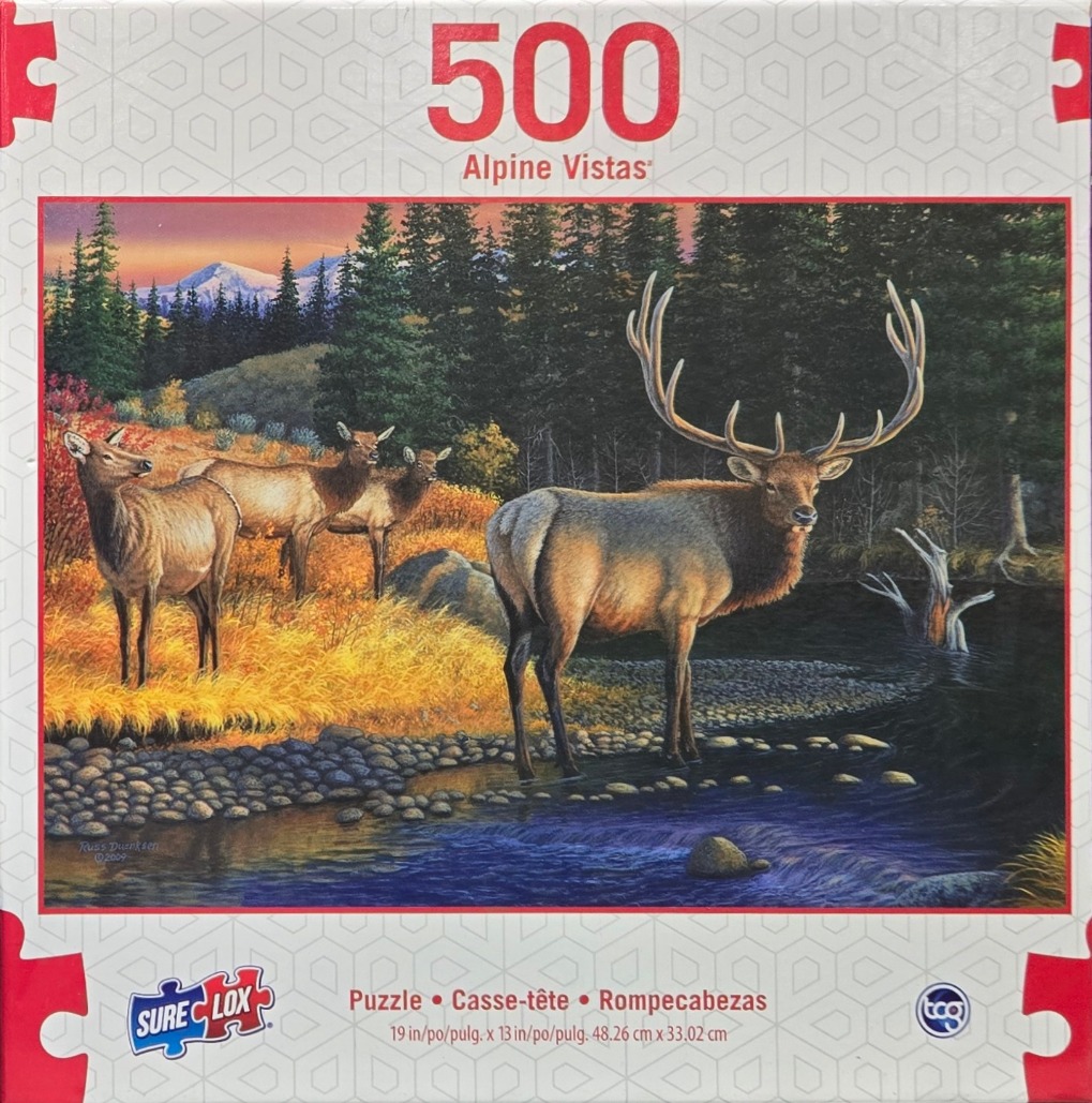 An illustration of a large bull elk and three cows standing near a stream in a forested mountain landscape at sunset.
