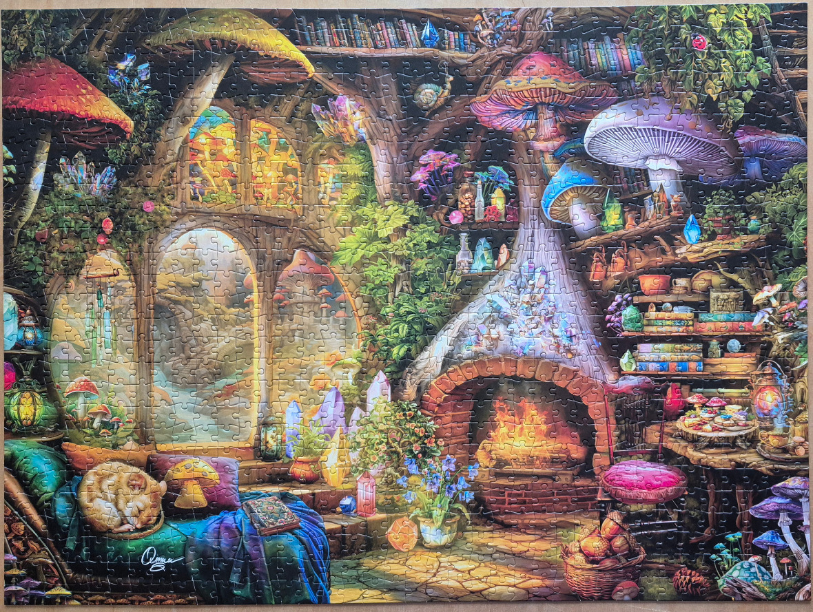 Fantasy cottage interior with giant mushrooms, glowing fireplace, and magical decor