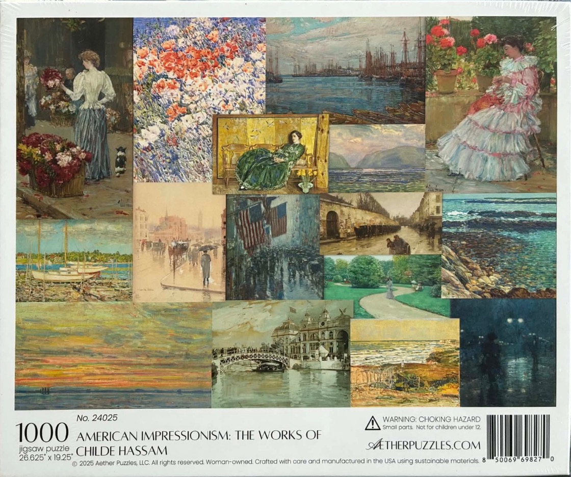 A collage of 15 paintings by American Impressionist artist Childe Hassam featuring landscapes, city scenes, and portraits.