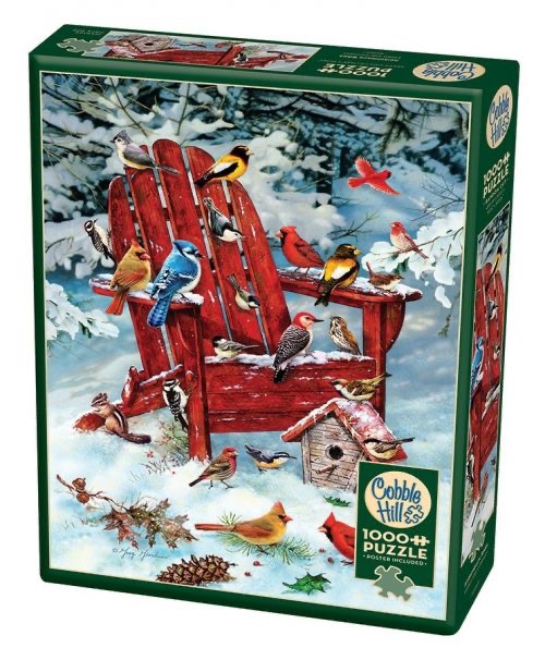 A vibrant red Adirondack chair in a snowy forest scene, populated by many different species of small birds.