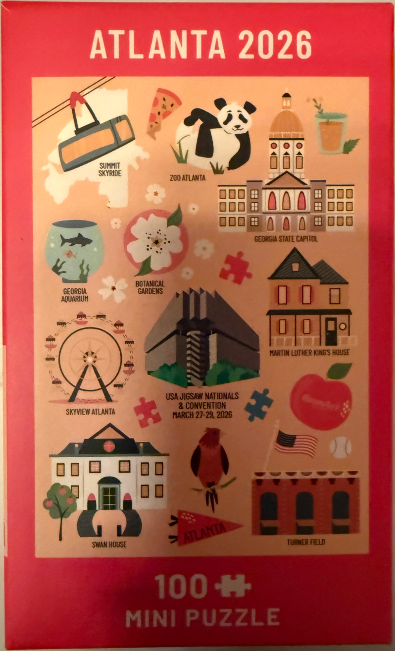 An illustrated collage of Atlanta landmarks and icons on a tan background with a red border.