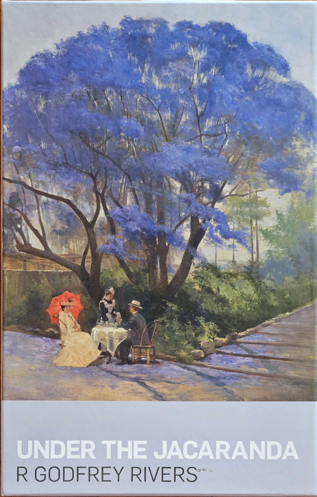 Painting of a man and woman having tea under a large, vibrant purple-blue flowering jacaranda tree.