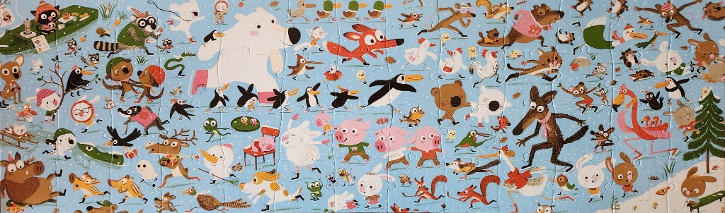 A whimsical cartoon illustration of numerous forest animals and characters ice skating on a light blue frozen pond.