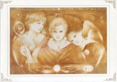 Three ethereal, angelic figures with soft features in a monochromatic sepia-toned illustration.