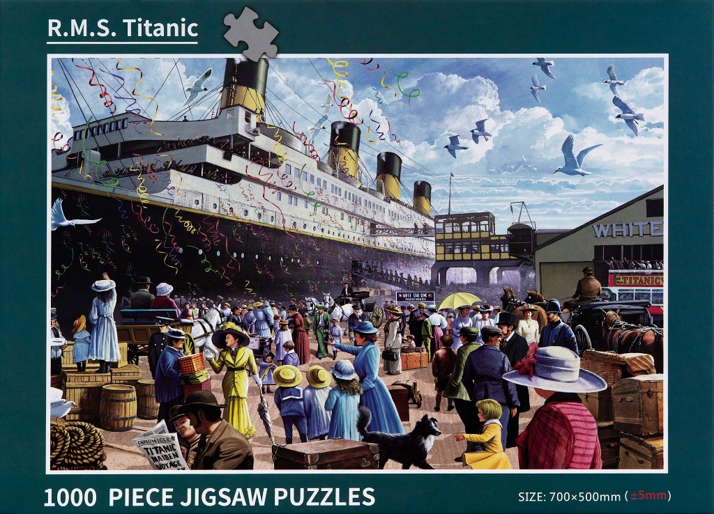 A crowded 1912 dockside scene with the RMS Titanic departing, decorated with streamers and flying seagulls.