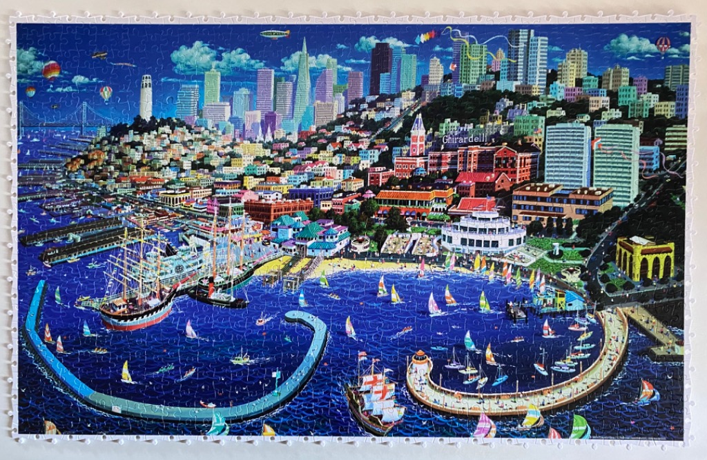 Vibrant folk art illustration of the San Francisco waterfront and city skyline under a deep blue sky.