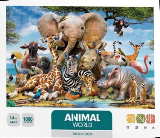 A group of diverse African savanna animals including an elephant, giraffe, zebra, and lion gathered together.