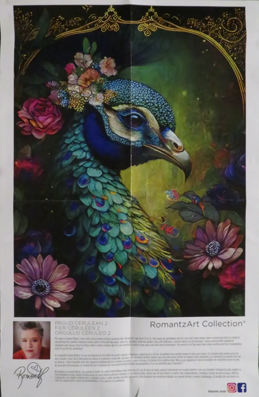 A digital painting of a peacock head surrounded by colorful flowers, set against a dark background with an ornate gold frame.