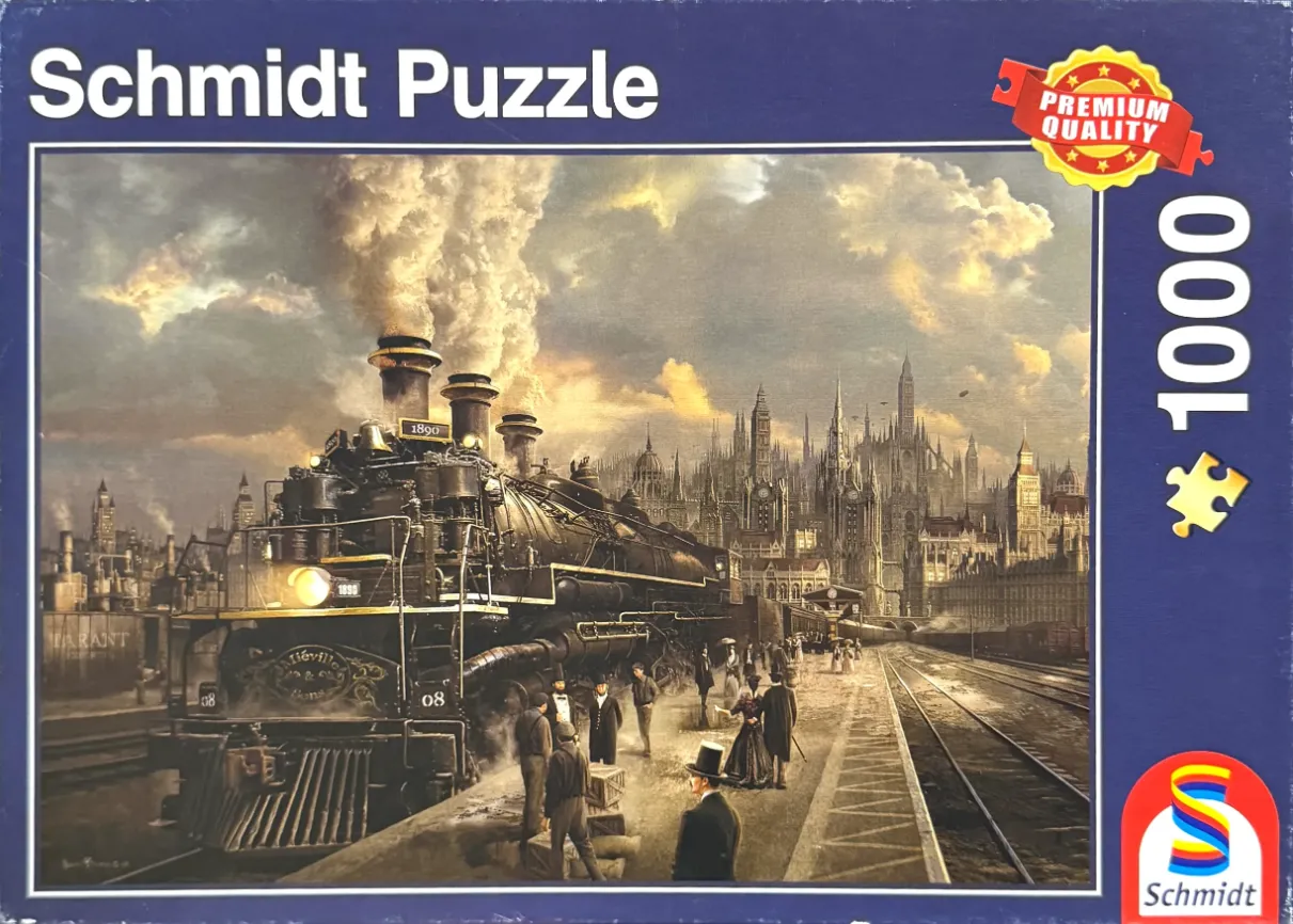 A steam locomotive idling at a Victorian-era train station in front of a sprawling, hazy city skyline.