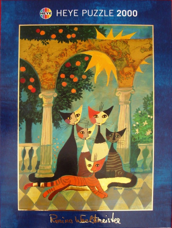 An illustration of five stylized cats sitting on a checkered patio under a golden archway with trees.