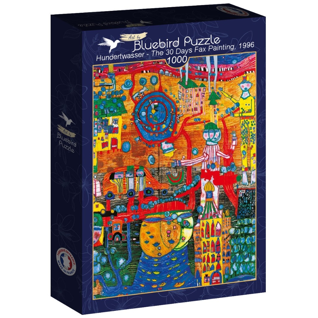 The 30 Days Fax Painting by Hundertwasser featuring surreal buildings, figures, and abstract shapes in vibrant colors.