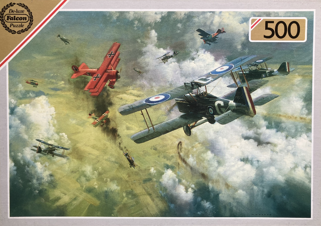 An aerial combat scene featuring WWI biplanes and triplanes maneuvering through a cloudy sky.