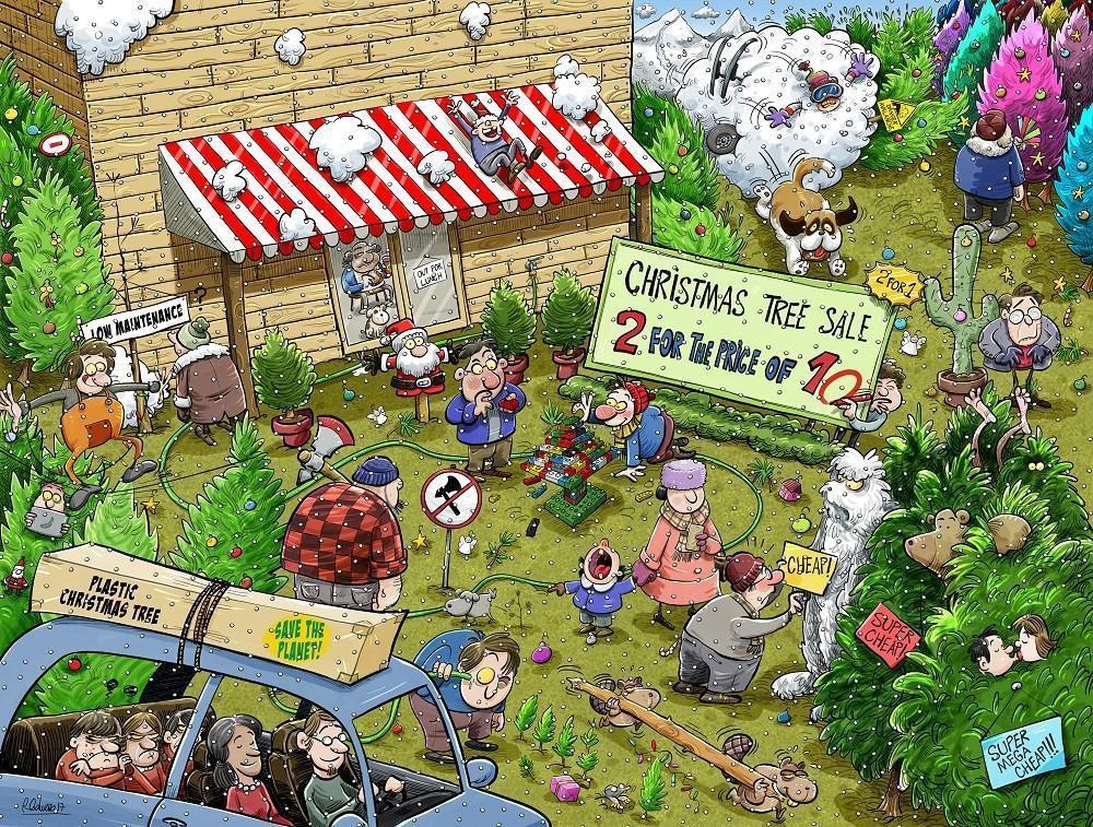 A chaotic scene at a Christmas tree lot with customers, a snow-covered building, and humorous signage.