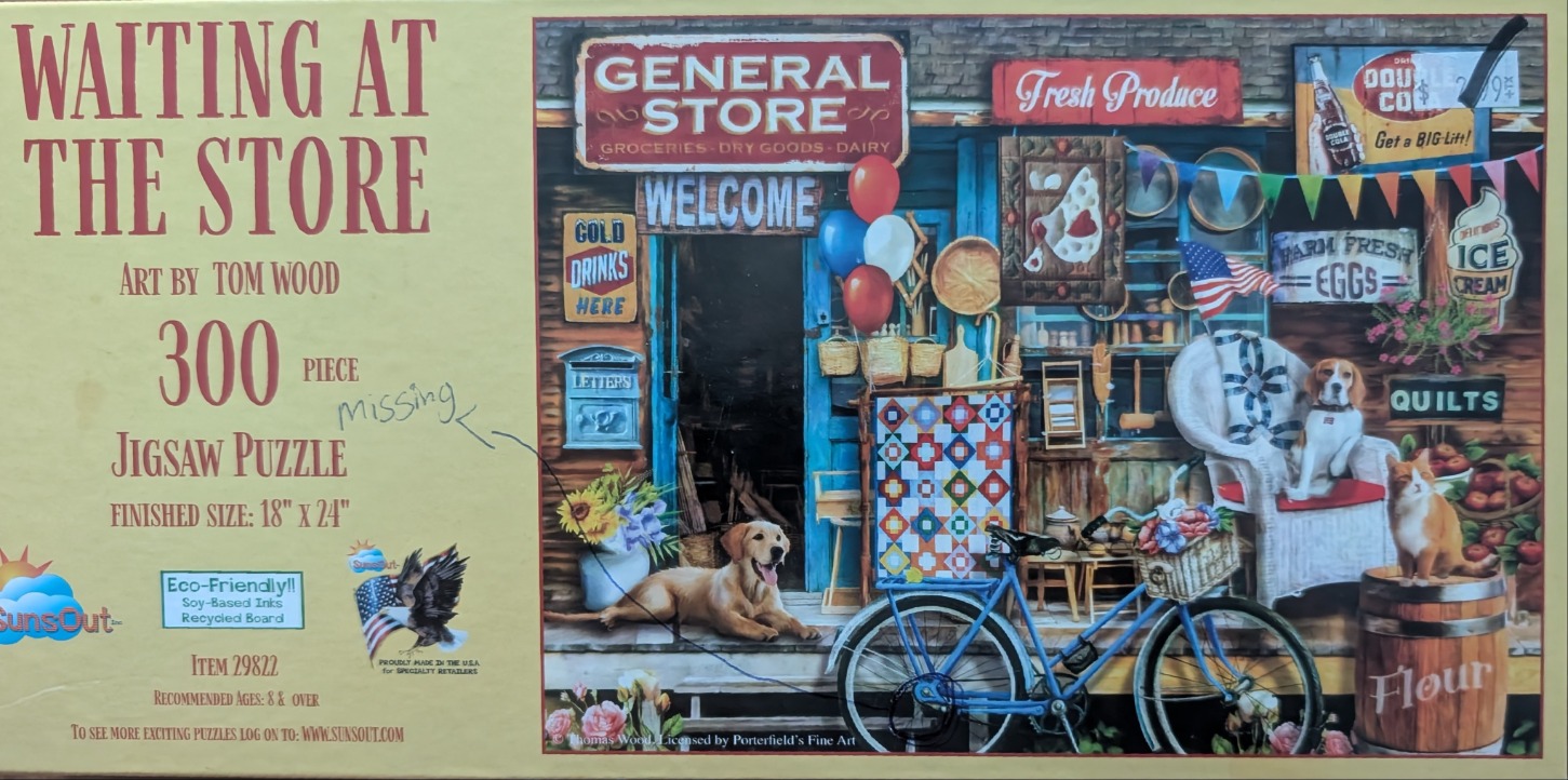A nostalgic general store storefront featuring a yellow Labrador, a beagle, a cat, and a vintage blue bicycle.