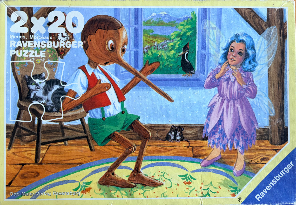 Pinocchio in a room with a blue fairy, a cat, and a bird outside the window.