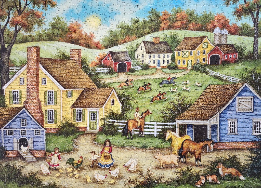 Folk art scene of a rural farmstead with people, horses, and various farm animals under a sunny autumn sky.