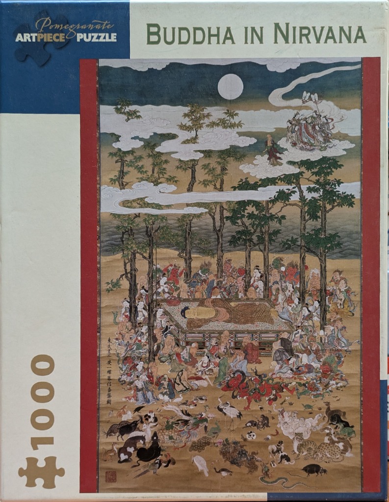 A traditional East Asian painting depicting Buddha in nirvana surrounded by mourning figures and various animals.