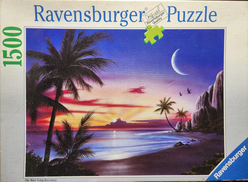 A tropical beach scene at twilight with palm trees, a crescent moon, and a vibrant sunset over the ocean.