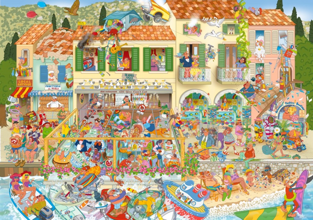 A chaotic, humorous seaside town scene packed with dozens of colorful, quirky characters in various states of activity.