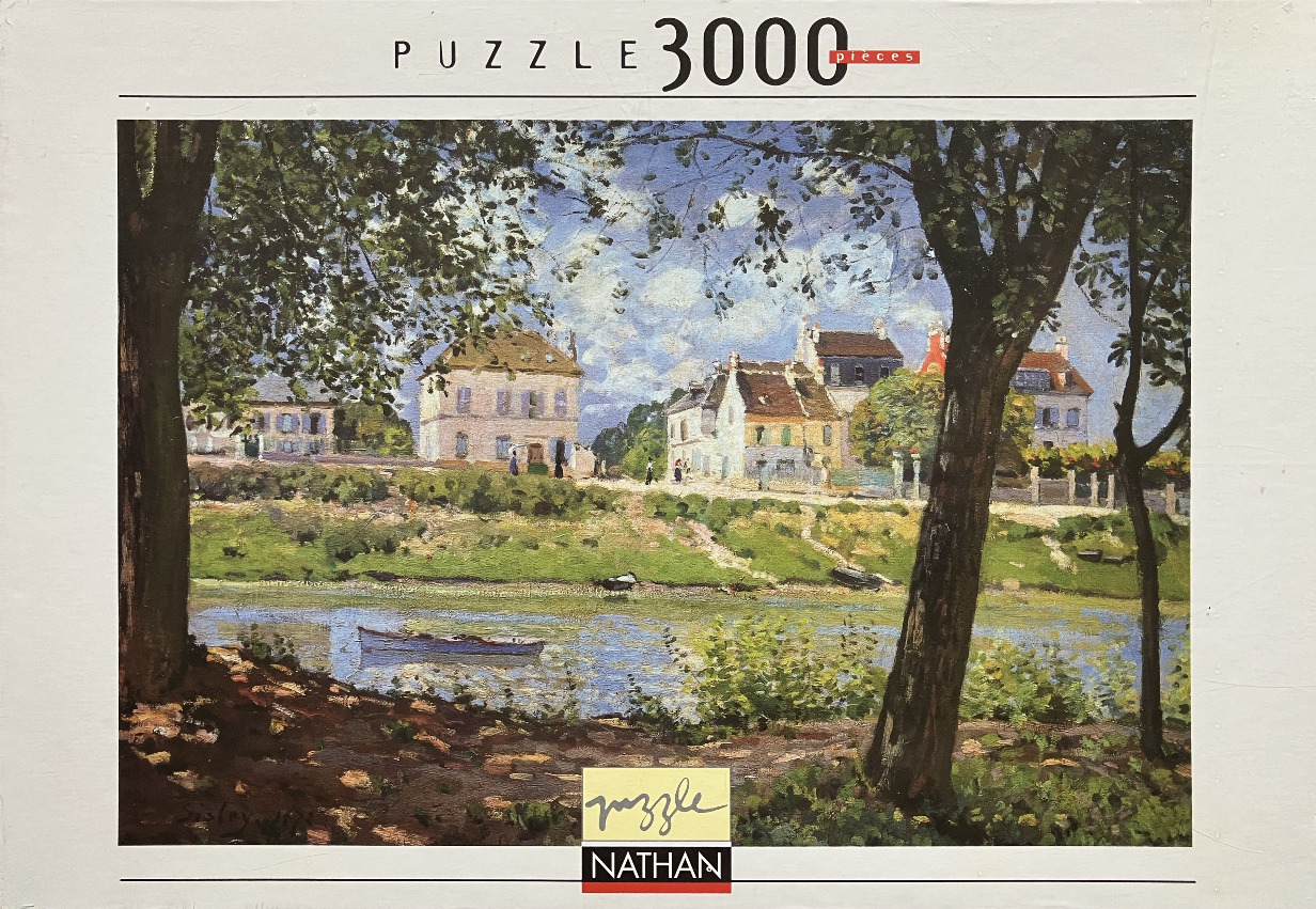 Impressionist oil painting of a French village nestled beside a river, viewed through dark foreground trees.