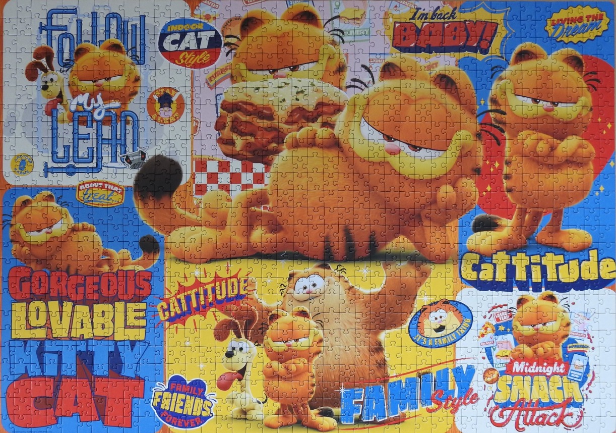 A colorful collage featuring the cartoon cat Garfield in various poses and expressions with playful text slogans.