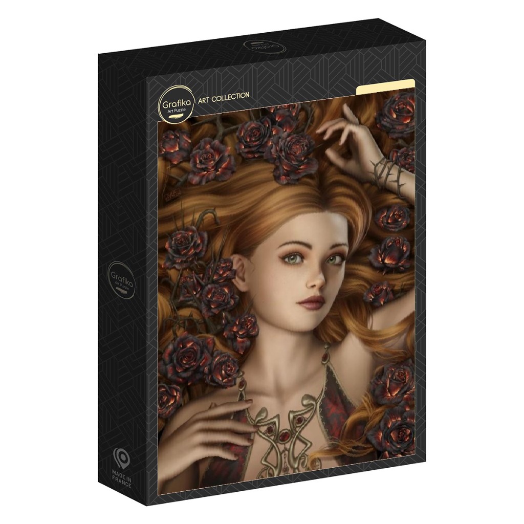 A digital portrait of a young woman with long auburn hair surrounded by dark, fiery roses.