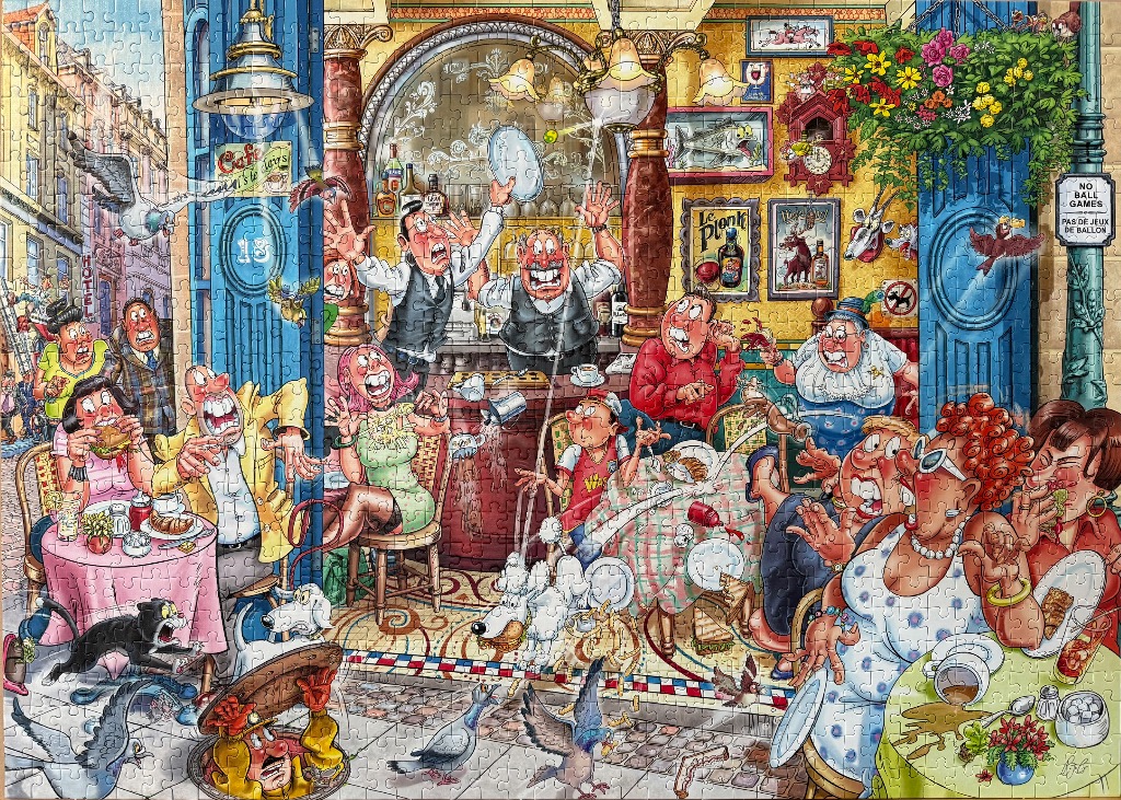 Cartoony scene of a chaotic cafe with people, food, and flying objects.