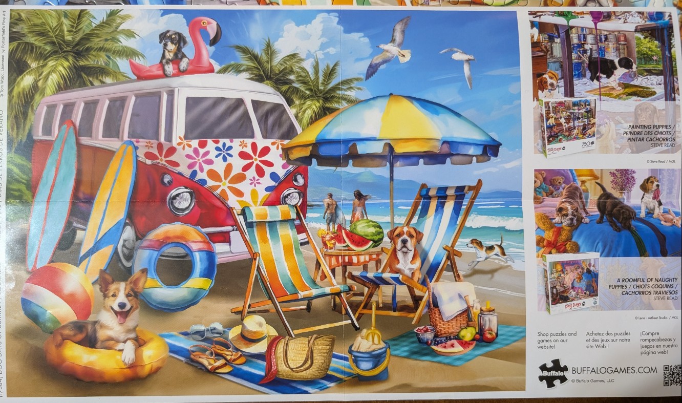 A summer beach scene with a vintage camper van, surfboards, and various puppies lounging under a sunny sky.