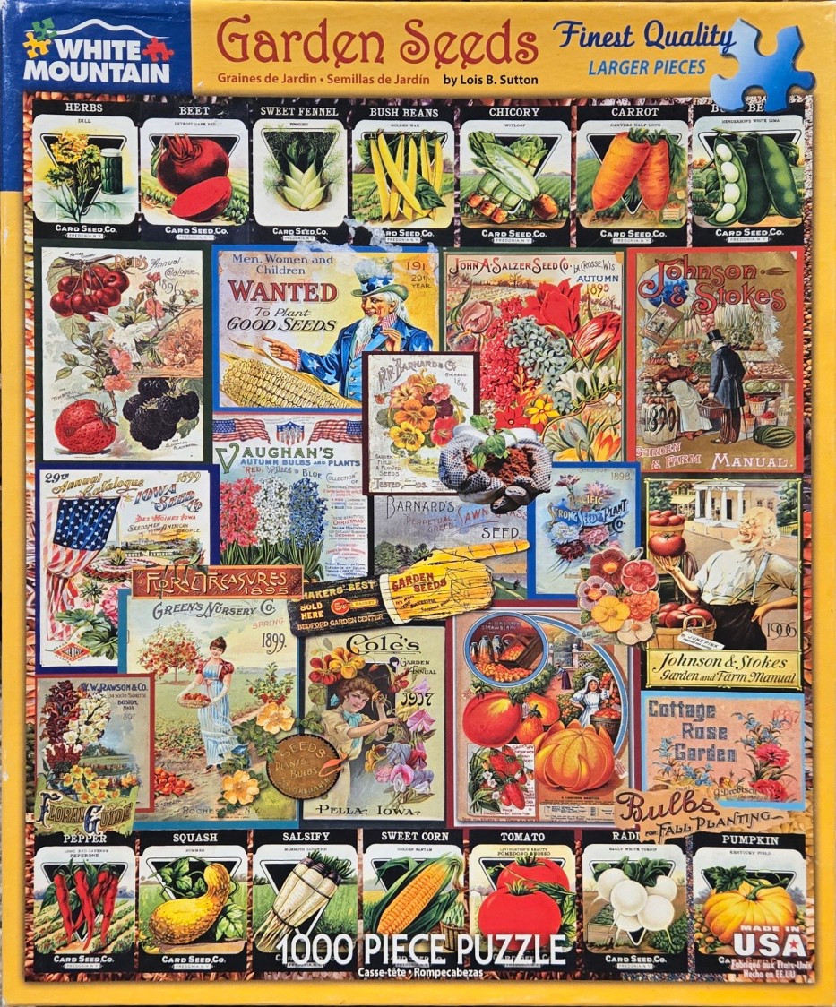 A collage of vintage seed packet illustrations featuring various vegetables and flowers in a retro style.