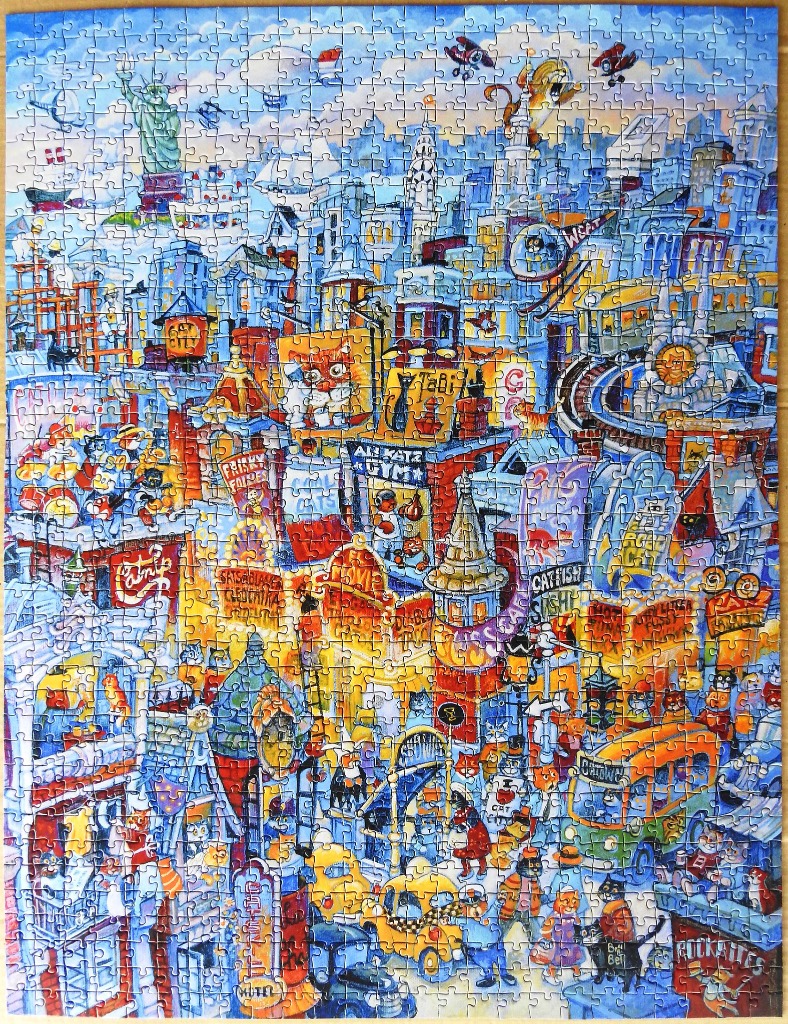 Whimsical, detailed illustration of a bustling 'Cat City' filled with feline characters in a metropolitan setting.
