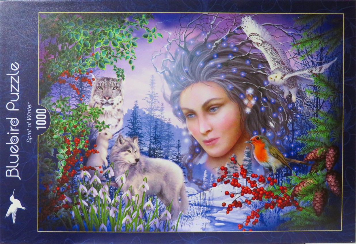 Fantasy illustration of a winter goddess surrounded by snow leopards, a wolf, an owl, and winter flora.