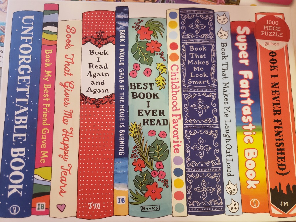 A whimsical illustration of nine colorful book spines arranged in a row with unique titles and artistic patterns.