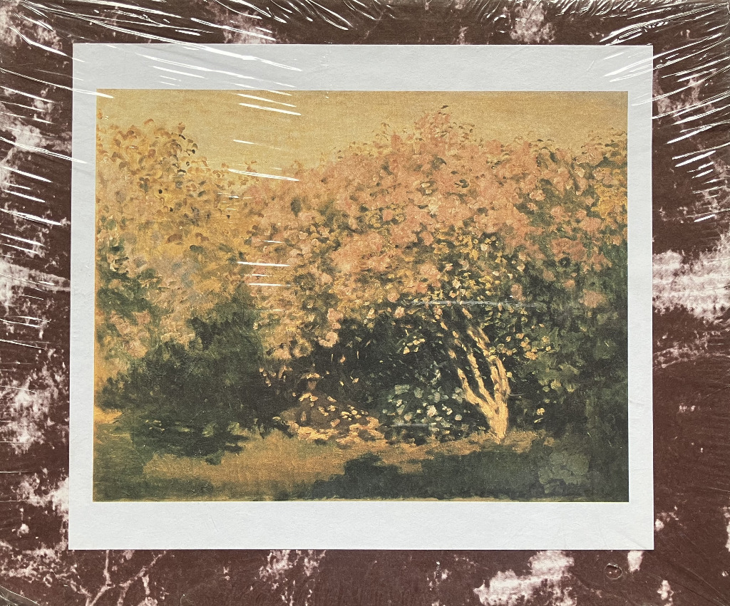 An impressionist painting of a lone figure sitting under a large, blooming tree in a sun-dappled garden.