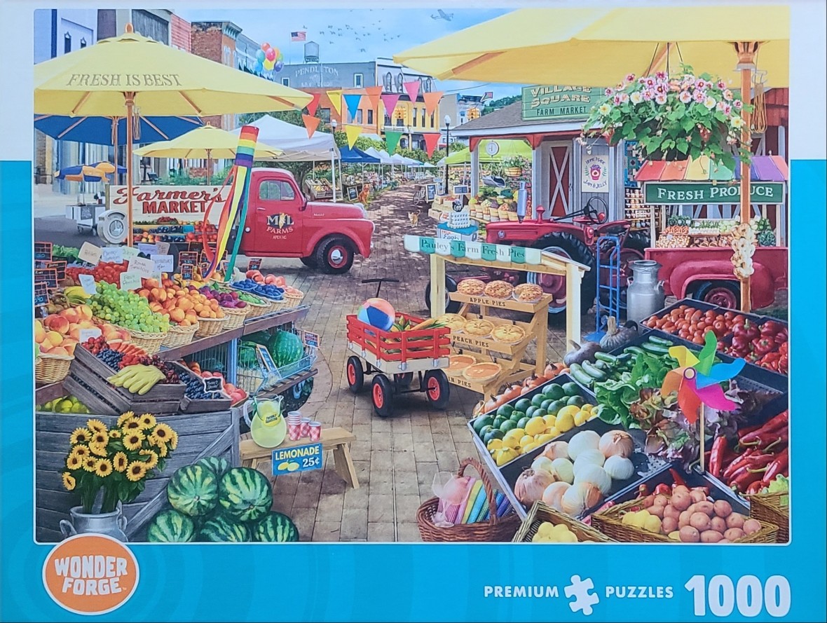 A sunny, bustling outdoor farmers market scene with stalls, fresh produce, a red truck, and a red wagon.
