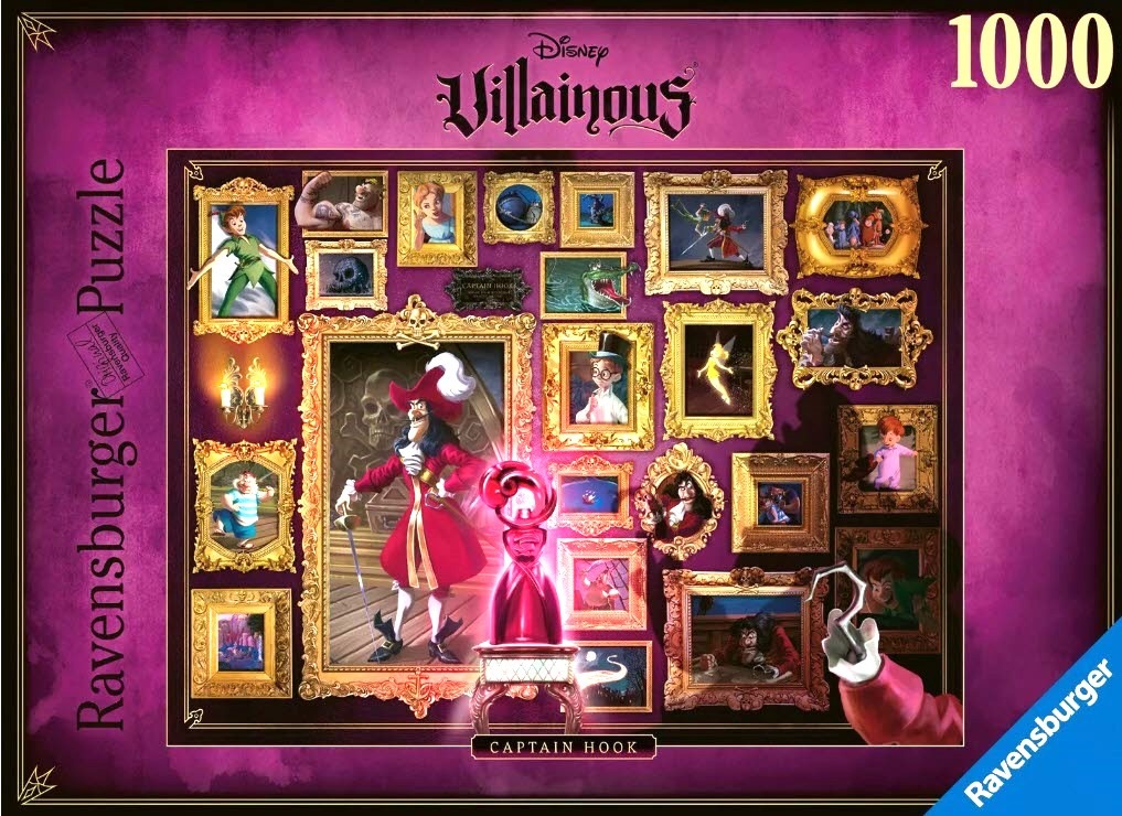 A collage of framed paintings centered on Captain Hook against a dark, textured magenta backdrop.