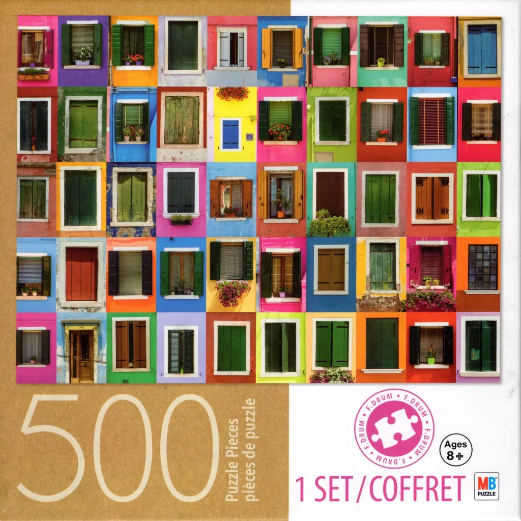 A collage of 50 colorful, distinct windows set against vibrant, multi-colored building facades.