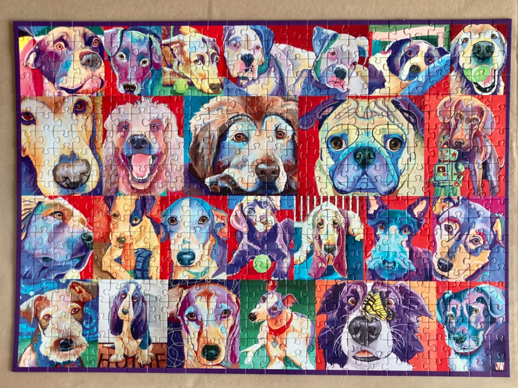 A colourful grid of various dog portraits in a vibrant, stylized art style.