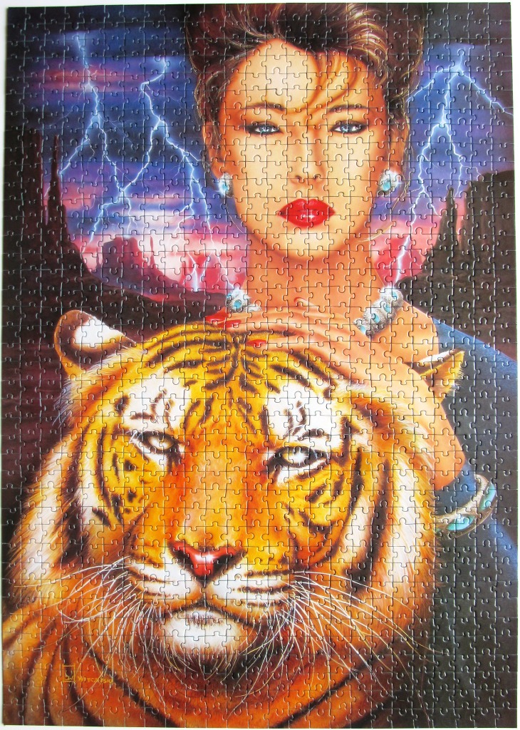 An illustration of a woman with a tiger in a stormy desert landscape.