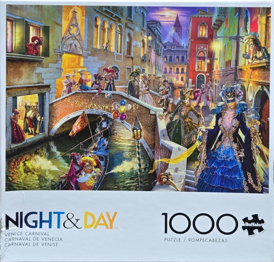 Venetian canal scene featuring figures in elaborate carnival masks and costumes at dusk.