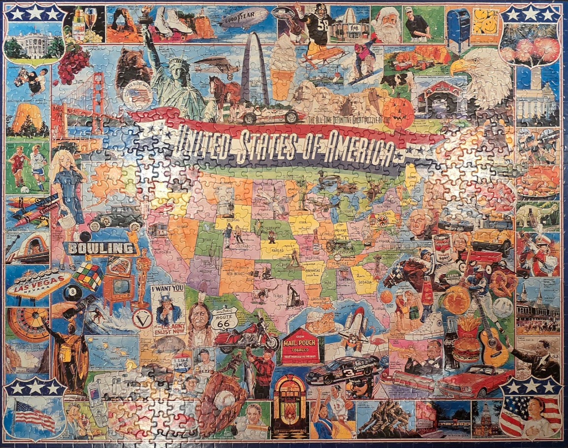 A collage-style map of the United States of America featuring cultural icons and landmarks.