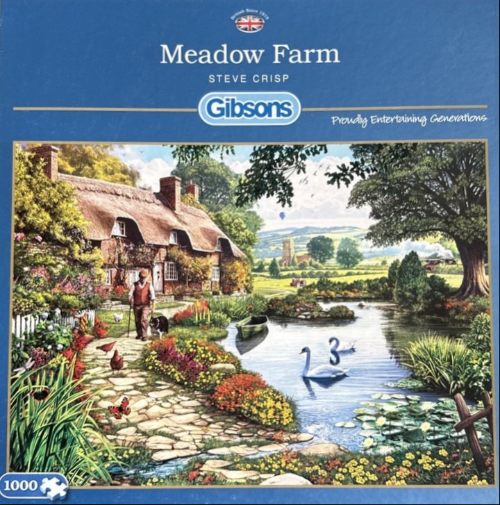 A nostalgic painting of a thatched-roof cottage with a stone path, a pond with swans, and a rolling English countryside.