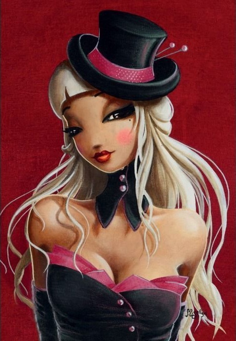 A stylish, illustrated young woman with long blonde hair wearing a black top hat against a deep red background.