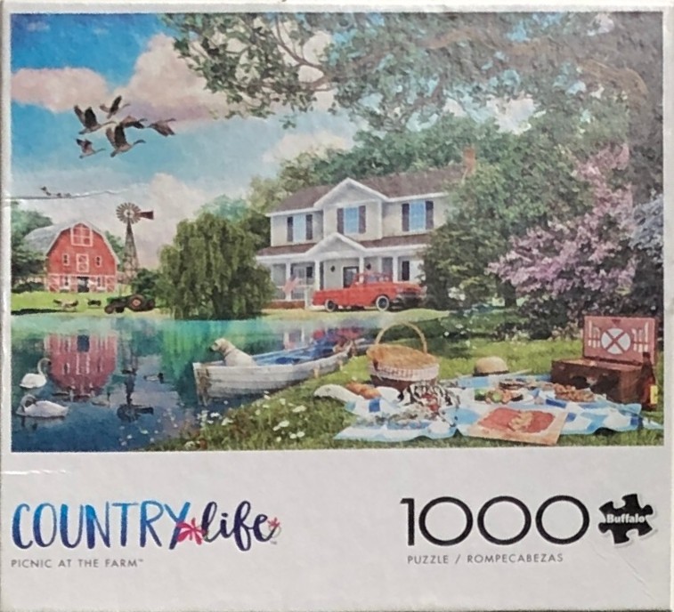 A peaceful pastoral scene featuring a house, a barn, a pond with a rowboat, and a picnic in the foreground.