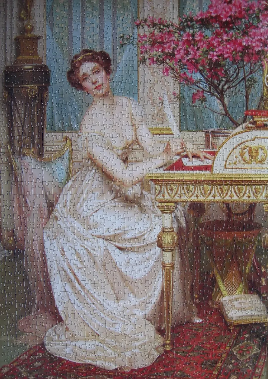 A Victorian-style painting of a woman in a white gown writing at an ornate desk beside a flowering azalea bush.