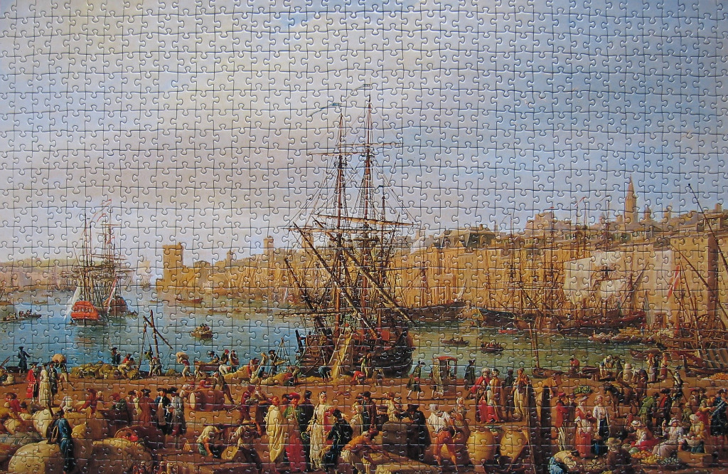 A bustling 18th-century Mediterranean harbor scene with sailing ships and crowds of people on a stone quay.